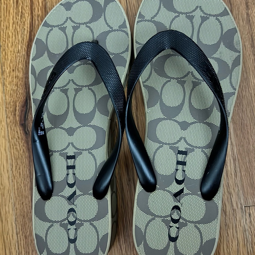 Coach Black and Brown Patterned Flip Flops
